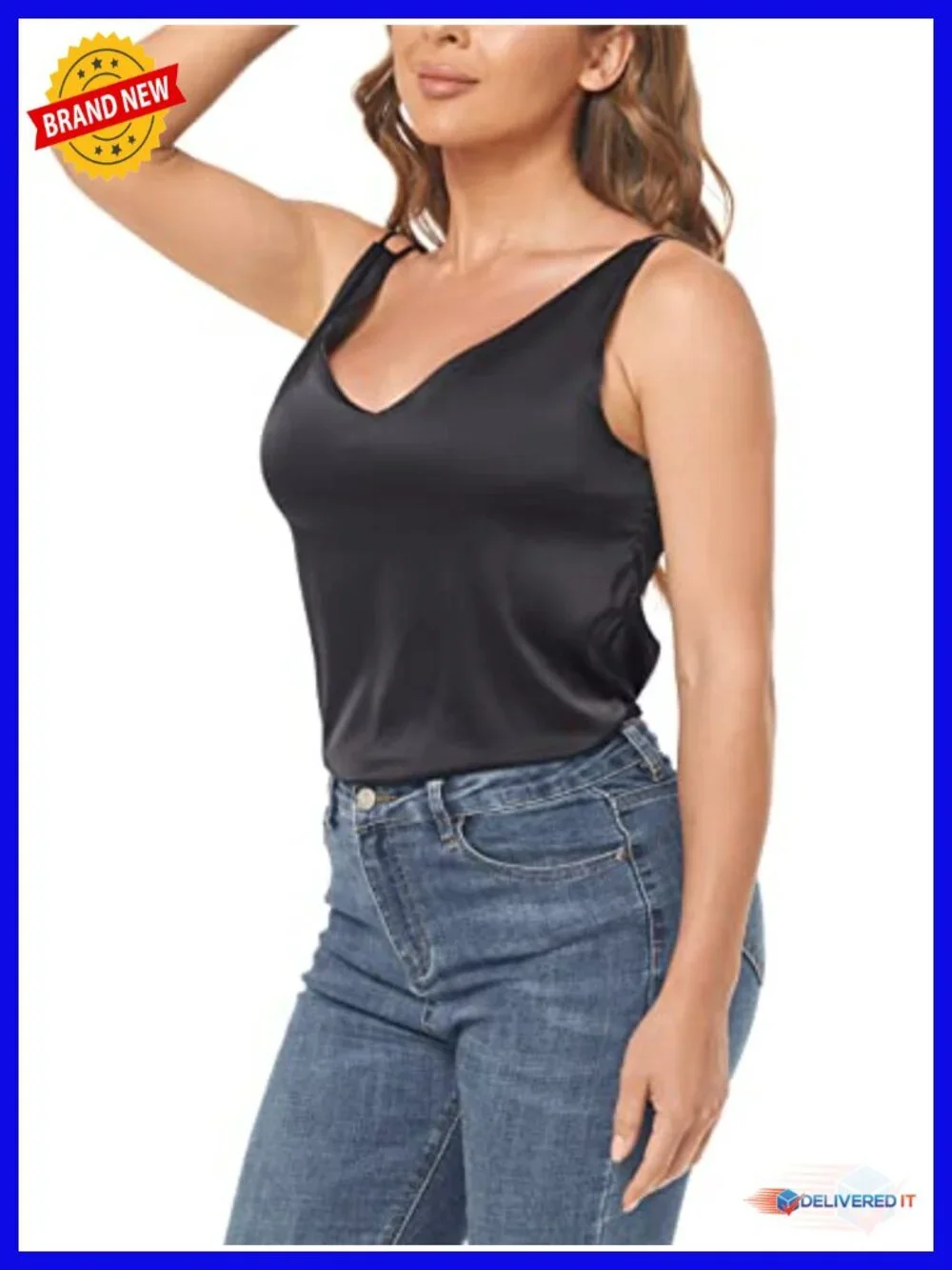 Silk Satin V Neck Camisole Spaghetti Strap Tank Top - Picture 2 of 6